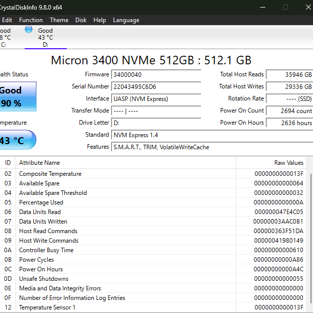 Micron  2280mm 3400 512GB M.2 NVMe Gen 4.0 x 4 SSD MTFDKBA512TFH