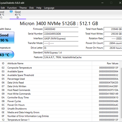 Micron  2280mm 3400 512GB M.2 NVMe Gen 4.0 x 4 SSD MTFDKBA512TFH